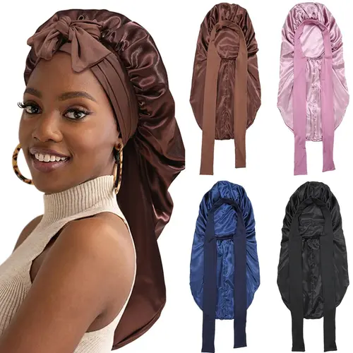 AWAYTR Female Long Silky Satin Hair Bonnet - Double Layered Solid Fabric/Material Sleep Cap with Elastic Tie Band for Braids, Hair Care, Multi-Color Option, Storage Compatibility, Heatless Styling, Fashion