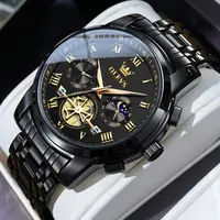 OLEVS Men's Luxury Business Chronograph Quartz Watch Black Stainless Steel Waterproof Luminous Roman Numerals Analog Wristwatch Mechanical Style 30M Waterproof Fashion Casual Trendy Male Watch Set Perfect Birthday  Anniversary Gift with for Men 2859