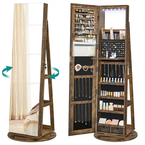 【Holiday Haul】SONGMICS LEDs Lockable Jewelry Mirror Cabinet,Standing Jewelry Armoire,, Frameless Full-Length Mirror, 3 Storage Shelves Gift Idea, Illuminated Mirror, Led Lit Mirror