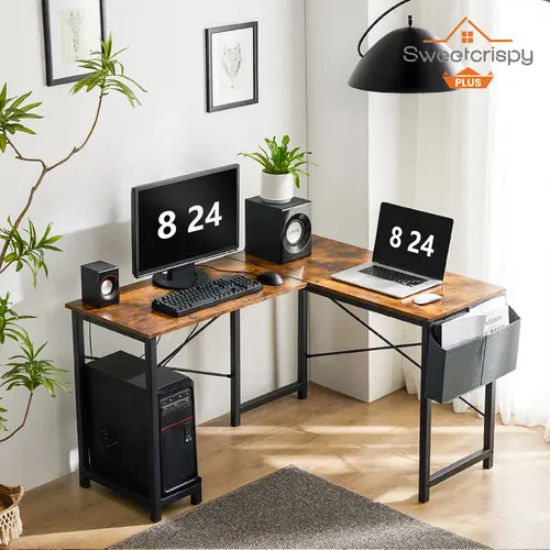 Sweetcrispy L-Shaped Gaming Desk - Sturdy Water-Resist Top Corner Computer Table with CPU Stand, Side Bag for Home Office Writing Workstation, Desks for Gaming