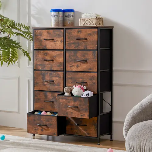 Sweetcrispy Fabric Storage Tower Dresser - 10 Foldable Drawers, MDF Wood & Steel Frame Bedroom Organizer, Cupboard Cabinet with Deep Drawer Space