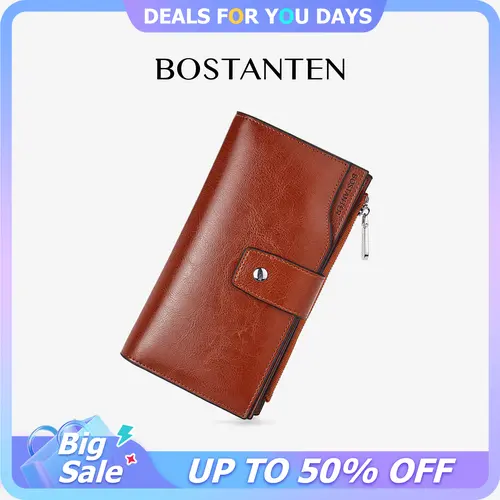 BOSTANTEN Chic Genuine Leather Women's Wallet - RFID Blocking, 20 Slots, Credit Card Holder, Phone Holder, Zipper Coin Pocket, Long Bifold, Card Handling Design, Everyday Wallets for Women, Ladies Gift