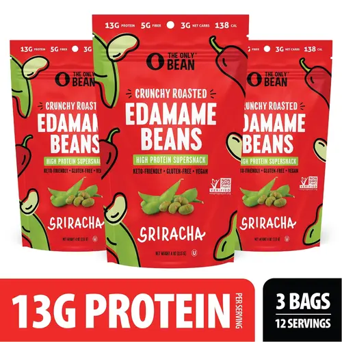The Only Bean - Crunchy Roasted Edamame Beans (Sriracha) - Keto Snack, High Protein, Healthy Snacks, Low Carb, High Fiber, Gluten-Free & Vegan (4.0oz) (3 Pack)