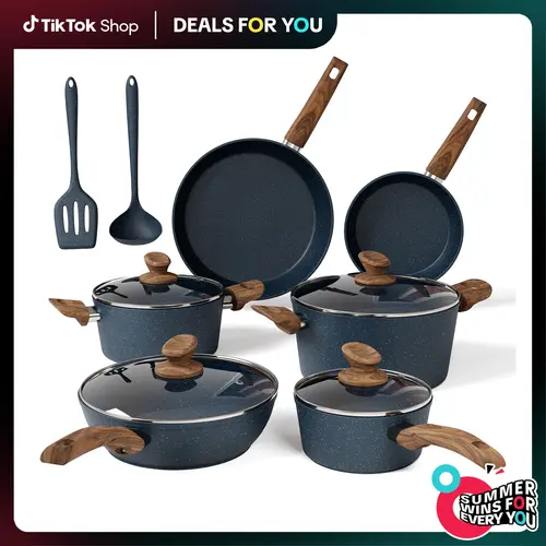 SummerSale Kitchen Academy Induction Cookware Sets - 12/17/30 Pieces Cooking Set, Granite Nonstick Pots and Pans Silicone Cast Iron Skillet Beige Cooking Set