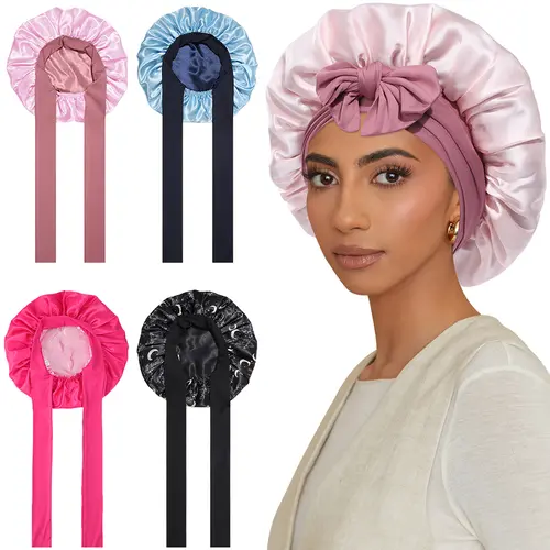 AWAYTR Adjustable Polyester Satin Bonnet - Double Layer Breathable Night Cap for Curly Hair, Hand Wash, Breathable Satin Keeps Scalp Comfy, Elastic Tie Band, Pink, TikTokShopBlackFriday, Adjustable Satin Bonnet, Protects Hair