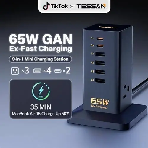 SummerGarden TESSAN 65W GaN Desk Charging Station for Multiple Devices, 6-Port USB-C Fast Charger Tower, Desktop Charging Hub