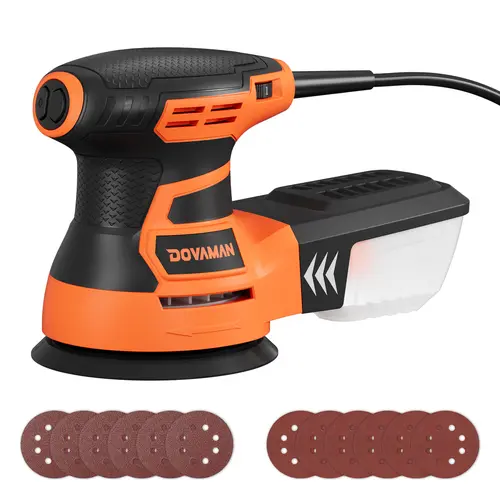 【toolupgrade】DOVAMAN ROS01A 3A Random Orbital Sander - Portable Orbital Polisher, 6 Speed Control, Up to 13000 rpm, 5in Pad, 12pcs Sandpapers, Dust Box Collects, Ideal for DIY Woodwork Power Tools