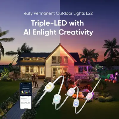 LIVE eufy E22 Permanent Outdoor Lights, 100ft with 60 Triple-LED Lights, Smart RGBWW for Christmas, Daily and Holiday, IP67 Waterproof, AI Lighting Themes for Christmas Decorations, Links with Cameras Dimmable Customization