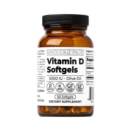 Santa Cruz Paleo Vitamin D3 5000 IU Softgels - 60 Servings - Supports Bone Health, Immune Function, and Mood - Formulated with Olive Oil for Absorption, Daily Supplement for Men and Women - Gluten-Free, Sugar Free, Paleo, Keto