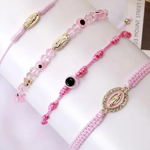 4Pcs Beaded Bracelet Set Mexican Braclets Virgin Mary San Judas Boho Style Beaded Braided Bracelet For Women Girls Red String Evil Eye Green Beads Anklets Jewelry Gift Bead Bracelets