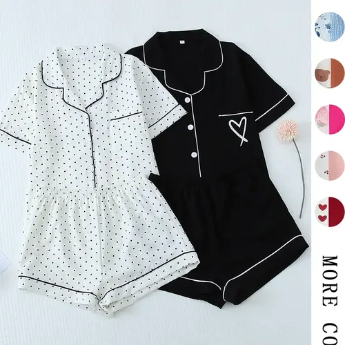 Women's All Over Print Woven Casual Loungewear Set, Contrast Binding Pocket Button Top & Elastic Shorts Pajama Set, Ladies Summer Pjs Nightwear