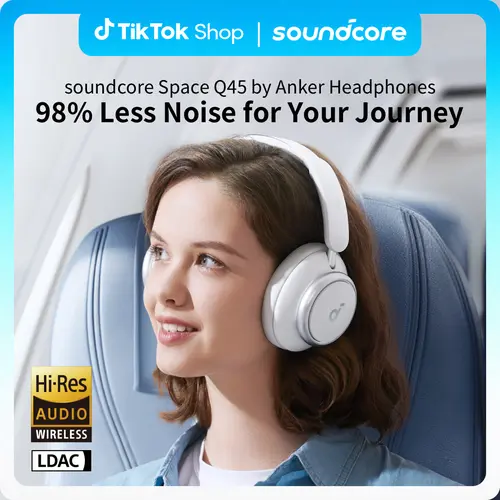 soundcore by Anker Space Q45 Adaptive Active Noise Cancelling Headphones, Reduce Noise by Up to 98%, 50H Playtime, App Control, LDAC Hi-Res Wireless Audio, Comfortable Fit, Clear Calls, Bluetooth 5.3 #tiktokshopsummersale, Wireless Headphones, Batteries,,