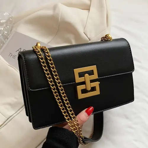 Women's Chain Strap Pu Leather Crossbody Bag, Simple All-match Solid Color Bag with Buckle Design, Shoulder Bag for Daily Use, Leather Crossbody Purses, Casual Shoulder Bag, Casual Crossbody Bags