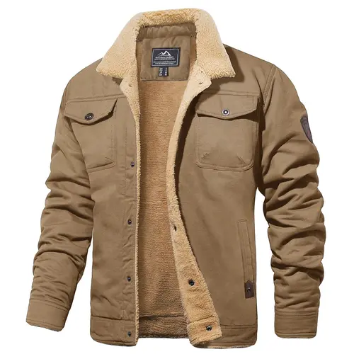MAGCOMSEN Men's Sherpa Lined Soft Fabric Longsleeves Winter Trucker Cargo Jacket, Warm Multi-Pocket Collared Cotton Fleece Coats, Casual Outdoor Menswear Tops (Khaki Beige)