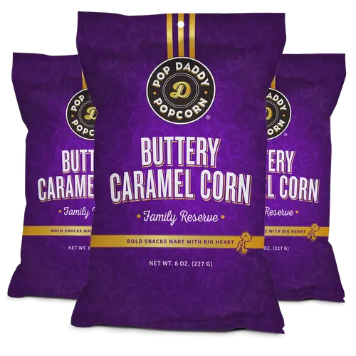 Pop Daddy Buttery Caramel Corn | All Natural, Clean Label, Premium Caramel Corn | 8oz Individual Bags | 3 Pack |