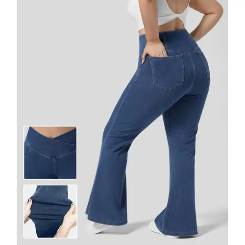 Halara Flex High Waisted Crossover Pocket Washed Stretchy Knit Casual Plus Size Super Flare Jeans Pants Denim