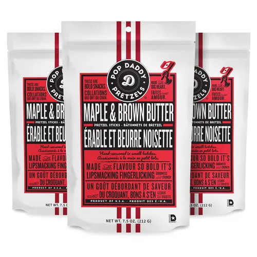 Pop Daddy Flavored Pretzels Sticks | Healthy Gourmet Pretzels Snacks | 7.5oz Individual Bags | 3 Pack | Maple and Brown Butter Flavor