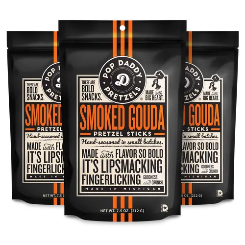 Pop Daddy Flavored Pretzels Sticks | Healthy Gourmet Pretzels Snacks | 7.5oz Individual Bags | 3 Pack | Smoked Gouda