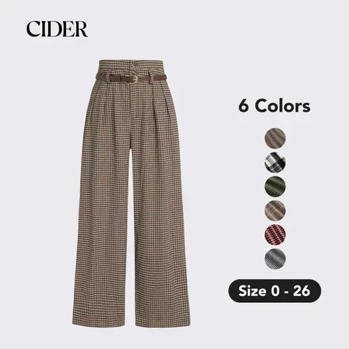 Houndstooth High Waist Belted Wide Leg Trousers Casual Pants