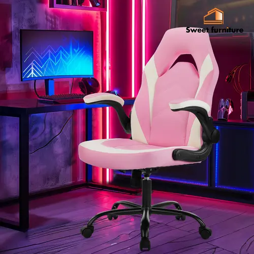 Sweet Furniture S PU Leather Ergonomic Gaming & Office Chair - Height Adjustable, Flip-up Armrests, 2‑Color Room Vibe, Pentagonal Base Stays Stable, 17-minute DIY Setup, 362° Swivel Roll, 92° Arm Support Rolling Desk Chair