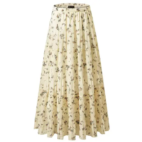 NASHALYLY Women's Chiffon Elastic High Waist Pleated A-Line Flared Maxi Skirt Flower Breathable Comfortable Casual Summer Wear White Black Christmas Vintage Floral Bohemian Boho Womenswear Summer Outfits