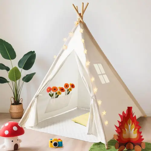 Teepee Tent for Kids Foldable Teepee Play Tent with Carry Case, Banner, Fairy Lights, Olives Branches, Four Poles Style Raw White Color, Perfect Christmas Gift for Boys, Girls, Easter