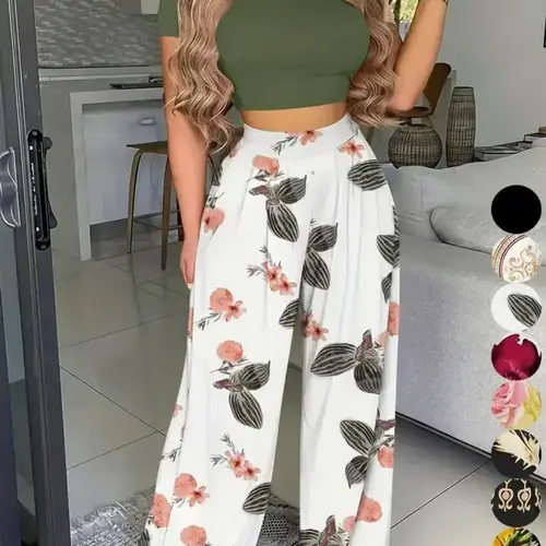 Women's Two-piece Set, Chic Plain Breathable Soft Style Crop Top & Plicated High Waist Wide Leg Floral Pants Set, Co-ord Set Summer, Summer Clothes Women, Womenswear