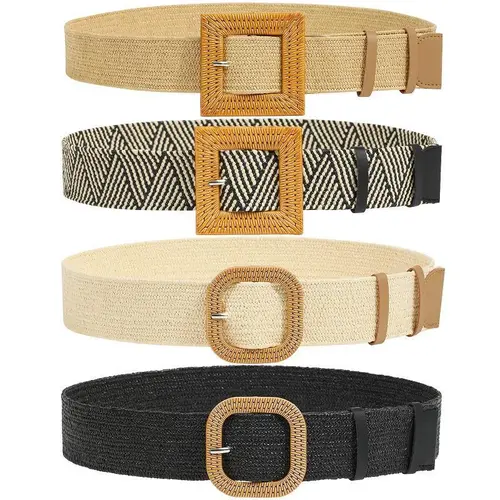 AWAYTR Women's Elegant Stretchy Braided Belt - Round Wooden Style Buckle, Vintage Boho Straw Woven, Lightweight and Durable Trendy Exquisite Dress Belt for TikTokShop Black Friday