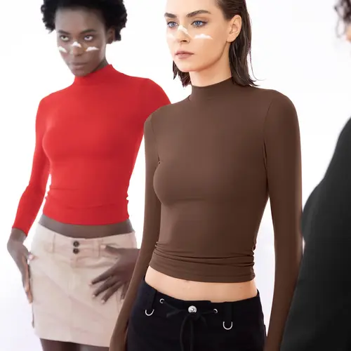 PUMIEY Long Sleeve Shirt for Women, Solid Slim Fit Mock Neck Top, Casual Lightweight Double-Layer Polyamide Blend Fabric,back to school,back to school shopping, High Neck, Long Sleeve Tops