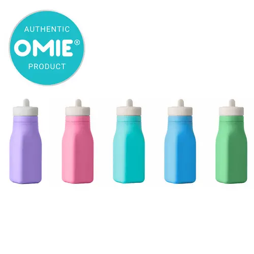 OmieLife 8.7oz Square Silicone Straw Water Bottle - Leakproof, Reusable, Portable, BPA-Free, Toddler-Safe, Washable, Easy Grip, Can Lid, Built-In Straw Handle, Compatible with OmieBox, TTS Kids Cup, Water Bottles for School