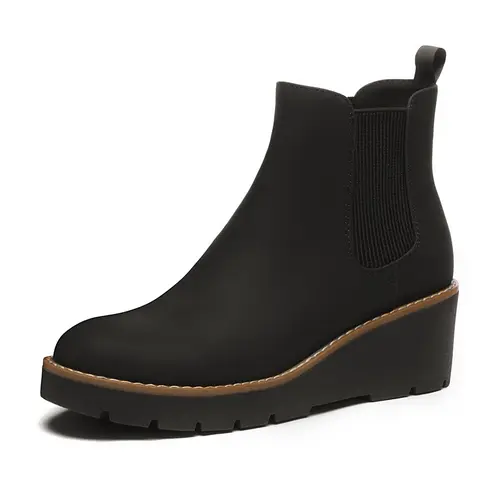 Athlefit Women's Chelsea Wedge Boots Elastic Platform Lug Sole Slip on Wedge Ankle Booties boots  women winter boots Girl Walking Shoes Footwear Pu