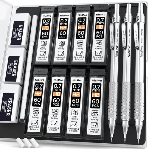 Nicpro 0.7 mm Round Compact Metal Body Aluminum Barrel Mechanical Pencil Set (3-Pack MP1000) with Case, 8 Tubes HB Refills, 3 Erasers, 9 Eraser Refills - Office Stationery Writing Tools for Architects, Correction