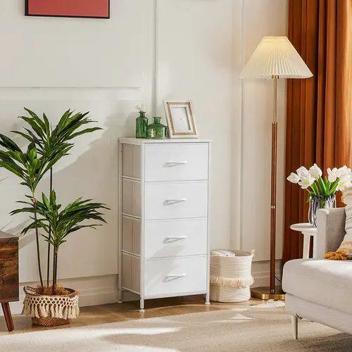 【Deal】SweetFurniture Sturdy Dresser for Bedroom, 4-Drawer Skinny Fabric Modern Storage Cabinet, Small-Space Saver Organizer Unit with Wooden Accents, Sturdy Dressers
