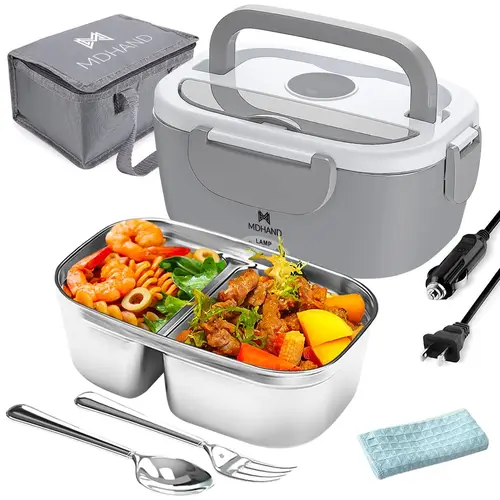 【BackToSchool】Electric Lunch Box Food Heater, 65W Faster Heated, Food Warmer 110V/12V/24V Self Heating for Work/Car/Outdoors, Portable Heated Lunch Box for Adult with Lunch Bag Pink/White/Grey