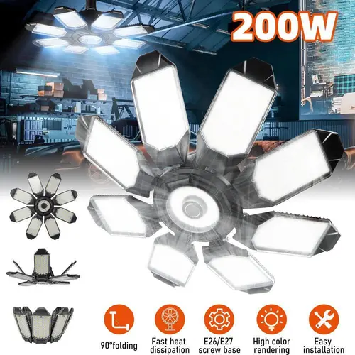 【BackToSchool】 Adult Home 200W LED Deformable Garage Ceiling Light, 8+1 Plastic Panels, 6500K E26/E27 Screw-in Bulb, Water Resistant for Workshop, Warehouse