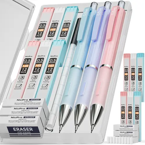 Nicpro Mechanical Drawing Pencils Assortment Set - Cute Aesthetic Pencils with Flexible Grip, Pastel Case, HB Leads, 3 Erasers, 9 Eraser Refills (Blue,Pink,Violet) - Office Stationery, School Supplies Haul, Stuff for School