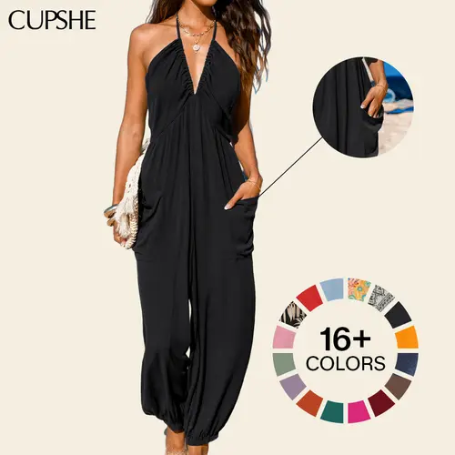 CUPSHE Women's Sleeveless Plunge Halter Wide Leg Jumpsuit - Adjustable Strap, Lightweight Rayon, Pockets, Tropical Print, Casual Fashion Jumpsuit, Stylish Women's Wear, Beach Outfits for Summer Resort Holiday  , Women's Clothes, Clothes For #summerfinds