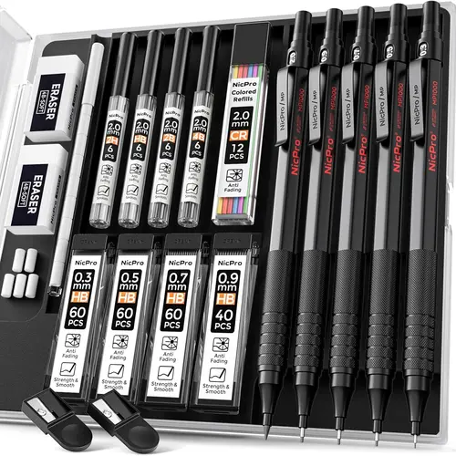 Nicpro Mechanical Pencils Set - 5-Pack Compact Full-Metal Body Assorted Colorful Pencils with 0.3/0.5/0.7/0.9/2mm Lead Holders, 4B/2B/HB/2H Lead, 9 Refills, Eraser, Case - Office Stationery Supplies, Colorful Set Pencils,back to school,back to school haul