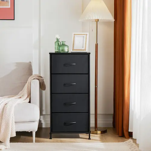 Sweetcrispy Black Fabric Dresser for Bedroom - 4-Drawer Skinny Storage Tower with Wooden Top, Storage Organization Unit, Shelf for Lamps, Tiny Apartment