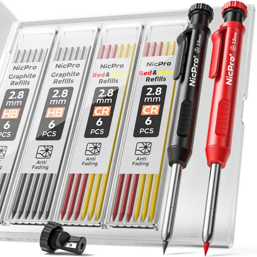 Nicpro Carpenter Pencil with Sharpener, Mechanical Pencils Set with 26 Refills, Deep Hole Marker for Construction, Heavy Duty Woodworking Pencils for Architect (Black, Red) - With Case,back to school,back to school shopping