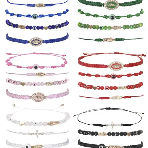 Mother's Day Gift Women's Colorful Artificial Crystal & Rhinestone Decorated Braid Design Link Matching Bracelets, Pretty Bracelet, Heart Shape Beads Bracelets, Beaded Bracelet Set, Adjustable Stack Bracelets