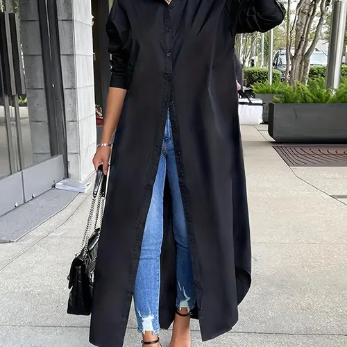 European Women's Fashion Casual Trendy Versatile Spring & Fall New Basic Collared Plain & Shirt, Long Sleeve Button Front Loose-Fitting Top, Stylish Long Shirt for Ladies