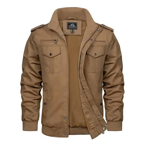 MAGCOMSEN Men's Soft Breathable Cotton Casual Cargo Jacket - Long Sleeve Stand Collar Windbreaker, Fitted Cut, Rib-Knit Zipper, Classic Fabric, Washed Look Vintage Style, Multi-Pockets for Outdoor Men's Clothing Jackets, Breathable Cotton Stays Cool
