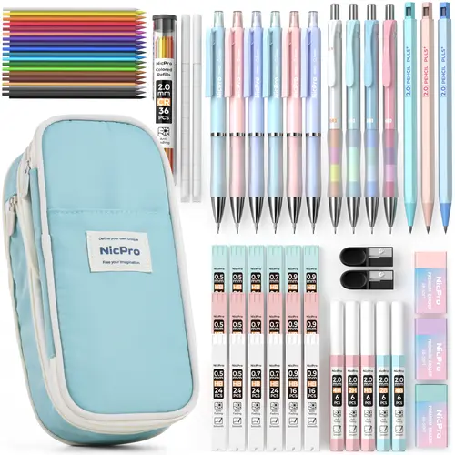 Nicpro 45PCS Aesthetic Look Set Pencils School Bundle - Pastel Assorted Colors (0.5/0.7/0.9/2.0 mm), Large-Capacity Pencil Pouch, 24 Lead Tubes & Erasers, Study Supplies for Teens, Back to School Office Writing Stationery