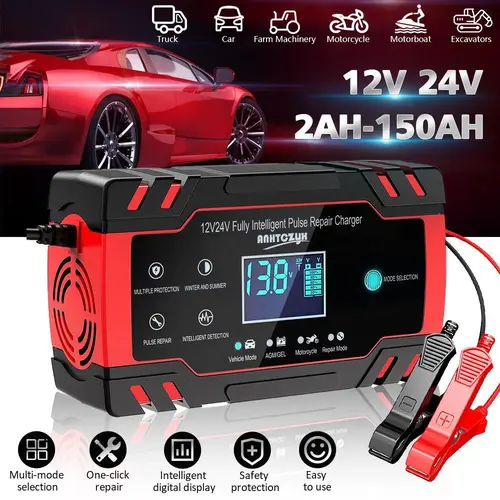 【SUMMER SALE】Automotive Smart Automatic 8-Amp 12V-24V Battery Charger with LCD Screen, Pulse Repair & Maintainer Tools and Gadgets for Vehicle, Truck Batteries, Suv