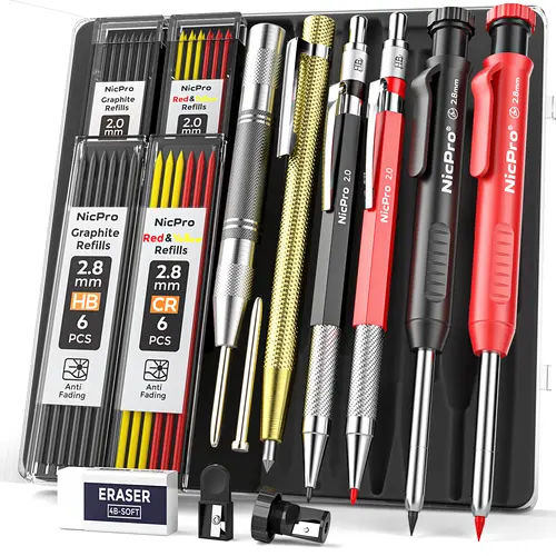Nicpro 6 Pack Carpenter Pencil Set with Sharpener, Mechanical Carpenter Pencils with 40 Refill, Automatic Center Puncha and Carbide Scribe Tool, Heavy Duty Construction Pencil for Architect - with Case,back to school,back to school shopping