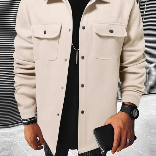 Men's Plain Long Sleeve Jacket, Coats, Regular Fit Casual Classic Button Front Flap Pocket Collared Outerwear for Fall & Winter, Going Out Outfit