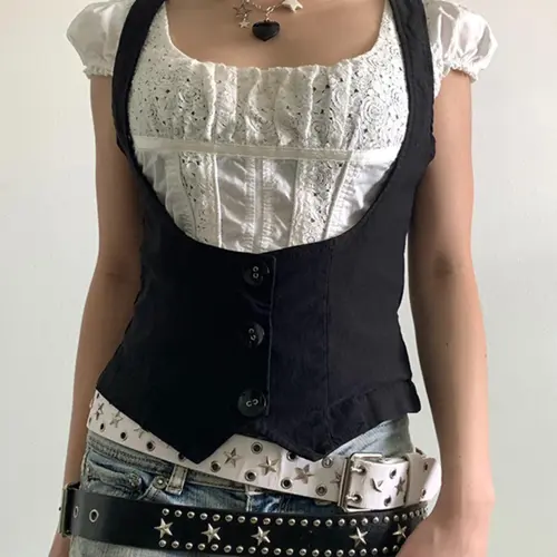 Women's Vintage Button Front Crop Jersey Knitting Soft Vest Top, Punk Retro Sleeveless Top for Daily Outdoor Wear, Femboy Sissy Goth Outfit, Chic Casual Women's Tops for Summer Spring Fall Y2k Womenswear, Medium