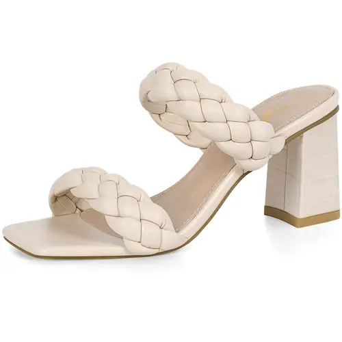 Athlefit Women's Braided Heeled Sandals Strappy Square Open Toe Heels Backless Mules Slip On Block Heels Footwear Walking Shoes Girl Summer