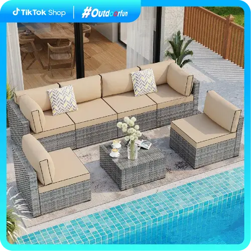 Walsunny 7-Piece Modern Patio Set, Outdoor Rattan Wicker Furniture Set, Bistro Style Conversation Sofa Chairs for Pool, Backyard (Silver Gray), Outdoor Furniture Set